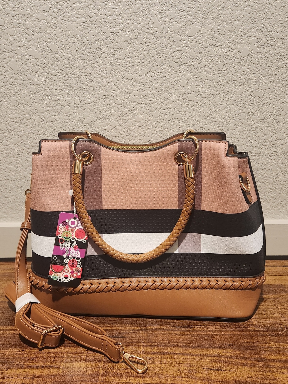 NWT Striped Satchel Handbag with Braided Handle and Crossbody Strap